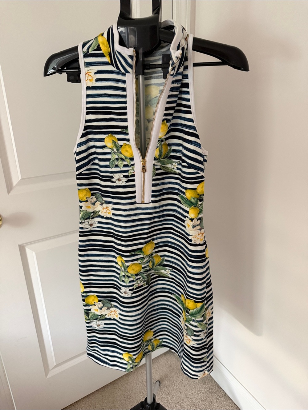 Boston Proper Navy & White Striped Halter Dress with Yellow Lemon Print